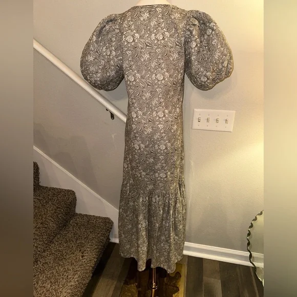 ANNA CATE Grey Floral Block Print Maxi Dress XS Puff Sleeve V-Neck Cotton Luxe - Picture 2 of 8